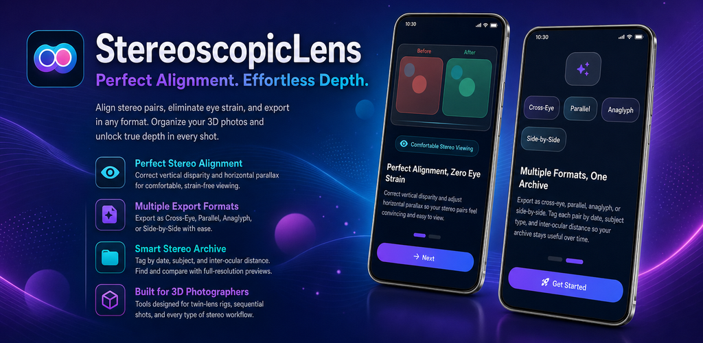 StereoscopicLens banner with phones and product features